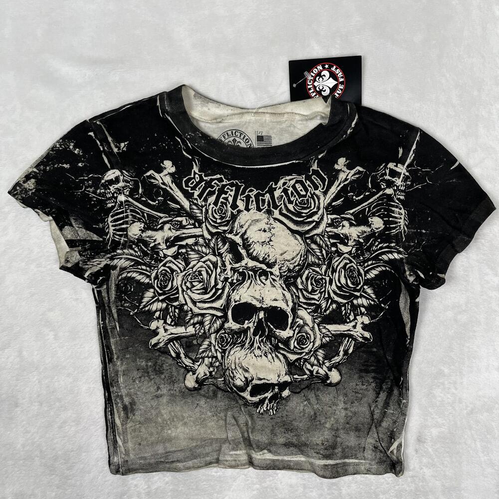 Affliction T-Shirt Womens Small Black Sands Of Burden Skull Crop Top Gothic